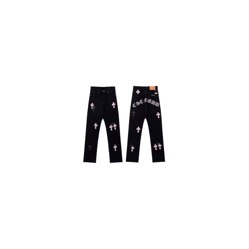 Chrome Hearts Jeans  — Black With Logo & Pink Crosses